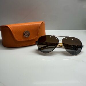 Tory Burch Brown Aviator Sunglasses with Orange Case